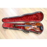 A 19th century Flemish? violin, length of back 35cm, cased with two bows repairer's label J. Brown