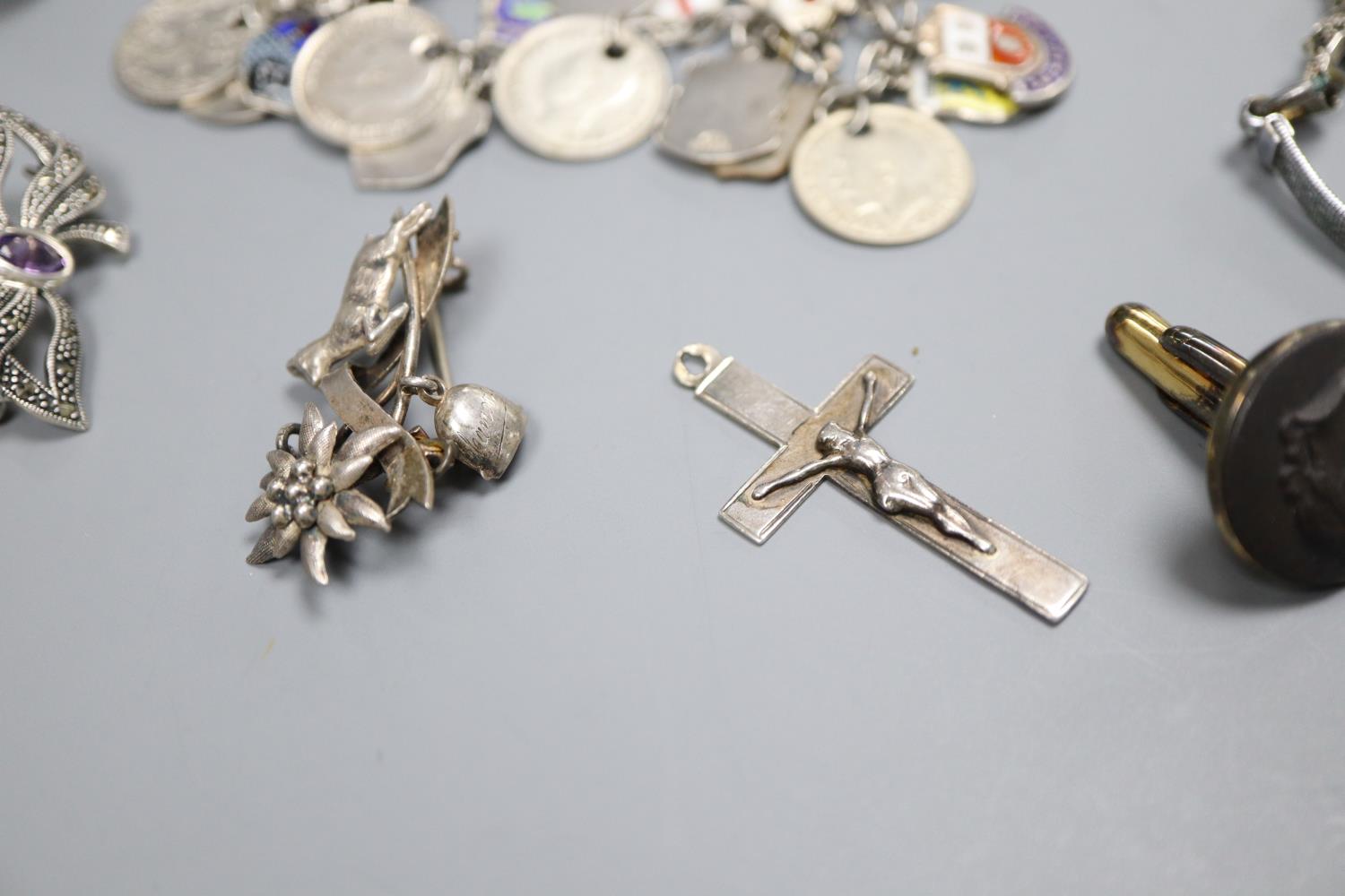 A white metal charm bracelet hung with enamel medallions, one other charm bracelet, marcasite - Image 4 of 5