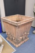 A pair of terracotta square garden urns, width 58cm, height 63cm