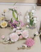 Three Boehm flower groups - no.85 Chrysanthemum and Blossom, Pink Peony centrepiece and Iris