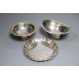 A 1930's silver waiter, 15cm and two modern silver pedestal dishes, 12.5 oz.