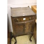 A George III style banded walnut tray top commode, width 46cm, depth 46cm, height 81cm