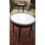 A pair of French style mahogany occasional tables with brass galleried marble tops, 65cm diameter,