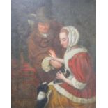 After Gerard Ten Borch, oil on wooden panel, Married couple with lap dogs, 23 x 18.5cm