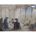 Victorian School, pencil and watercolour, Preparatory sketch; Renaissance figures on a terrace,