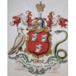 An illuminated armorial with the motto Virtutis Gloria Merces, 25 x 20cm