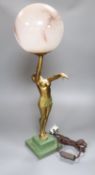 An Art Deco spelter figural table lamp, with semi-nude dancer holding a glass shade aloft, 64cm