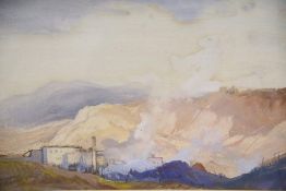 Cecil Arthur Hunt (1873-1965), watercolour and bodycolour, Mountain landscape with factory town,