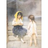Follower of Eugene Von Blaas (1843-1932), Portrait of two young girls seated on a step, peeling an