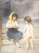 Follower of Eugene Von Blaas (1843-1932), Portrait of two young girls seated on a step, peeling an