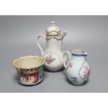 A Chinese export famille rose sparrowbeak jug, a ewer and cover and a mandarin pattern pot,