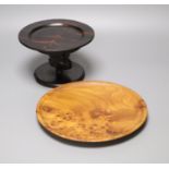 A burr yew bowl by Peter Spear, a carved hardwood stand and an ebony dish