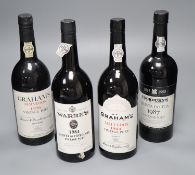 Four bottles of vintage port; two Graham's Malvedos 1976 and 1984, one Warres Quinta da Cavadinha