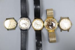 Five assorted gentleman's wrist watches including Certina and Shield.