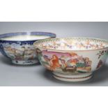 Two Chinese Export polychrome-decorated punch bowls, diameter 28.5cm (repairs)