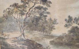 John Laporte (1761-1839), watercolour, Landscape with figures, John Manning label verso, 31 x 48cm