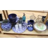 A collection of kitchenwares including a large ironstone jug, 26cm, spongeware bowls, platter,