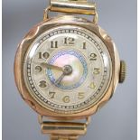 A lady's 9ct gold cased wristwatch, with gilt metal expanding strap, case diameter 24mm ex. crown,