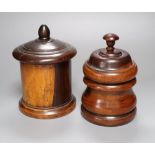 A 19th century lignum vitae string box, 18cm, and a similar tobacco? jar and cover