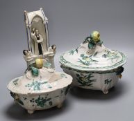 Two 19th century French faience tureens and covers and a Staffordshire pottery group, height