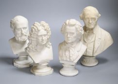 Four 19th century Parian and plaster busts of composers