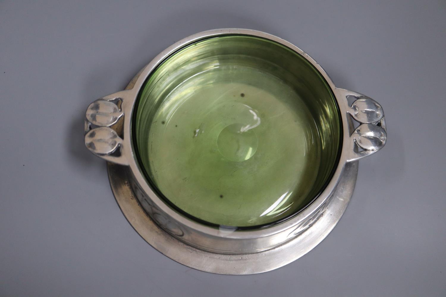 A Liberty's Tudric pewter and green glass butter dish, shape no.0163, diameter 16cm - Image 2 of 3