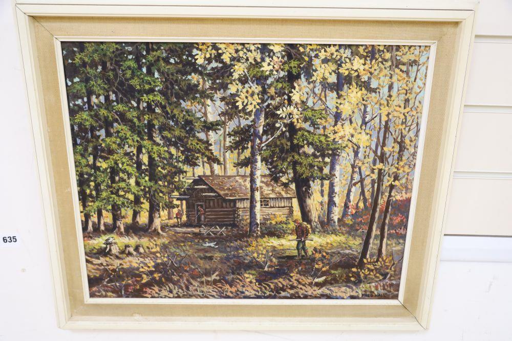 Fred Hall (1860-1948), oil on canvas board, Hunt Camp, Canoeshed Lake, Gogama, Canada, signed, 39 - Image 2 of 4