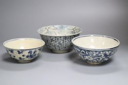 Three Chinese provincial Ming porcelain bowls, largest diameter 6cmCONDITION: Largest bowl rim