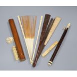 A Chinese bamboo fan, ivory items etc