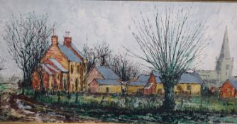 Paul Mann (1907-1994), Essex farmstead with church, signed, oil on canvas, 50 x 100cm