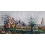 Paul Mann (1907-1994), Essex farmstead with church, signed, oil on canvas, 50 x 100cm