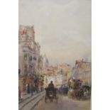 Rose Barton, watercolour, Street scene with horse drawn carriages, signed, 24 x 16cm.CONDITION: