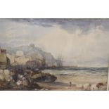 19th century English School, watercolour, Fisherfolk at Dover with the castle beyond, 37 x 55cm