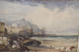 19th century English School, watercolour, Fisherfolk at Dover with the castle beyond, 37 x 55cm