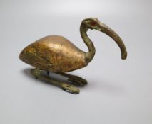 A bronze and wood model of an Ibis, the shaped body with heavy traces of gilt, the bronze head and