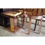 A peach mirror glass square top table and a demi lune table, larger width 50cm, depth 50cm, height