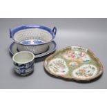 An 18th century Chinese export blue and white basket (cracked) and stand and a Cantonese