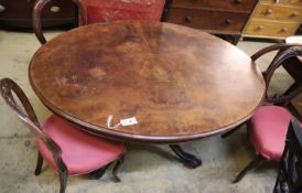 A Victorian oval burr walnut loo table, width 135cm, depth 99cm, height 73cm together with four