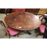 A Victorian oval burr walnut loo table, width 135cm, depth 99cm, height 73cm together with four