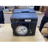 A Gledhill-Brook time recording clock, sheet iron case with carrying handles, 34cm wideCONDITION: