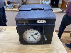 A Gledhill-Brook time recording clock, sheet iron case with carrying handles, 34cm wideCONDITION: