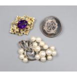 A Victorian style 9ct. gold, amethyst and diamond chip brooch, gross 6.8 grams, a silver and