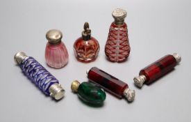 A Victorian double-ended blue glass 'lattice' scent bottle, 12.2cm, two double-ended ruby glass