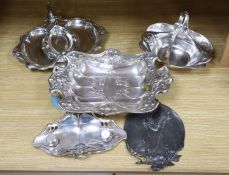 A WMF inkstand, 26cm wide, WMF plaque embossed with a young girl, and three Art Nouveau silver