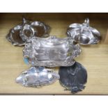 A WMF inkstand, 26cm wide, WMF plaque embossed with a young girl, and three Art Nouveau silver