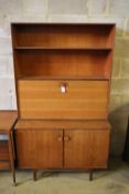 A mid century design teak tea trolley and a two part cabinet, width 102cm, depth 46cm, height 172cm