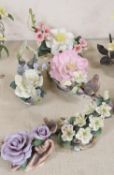 Five Boehm porcelain flower groups - Blue Nile Rose no.183, Pelargonium no.42, Pascal Rose with