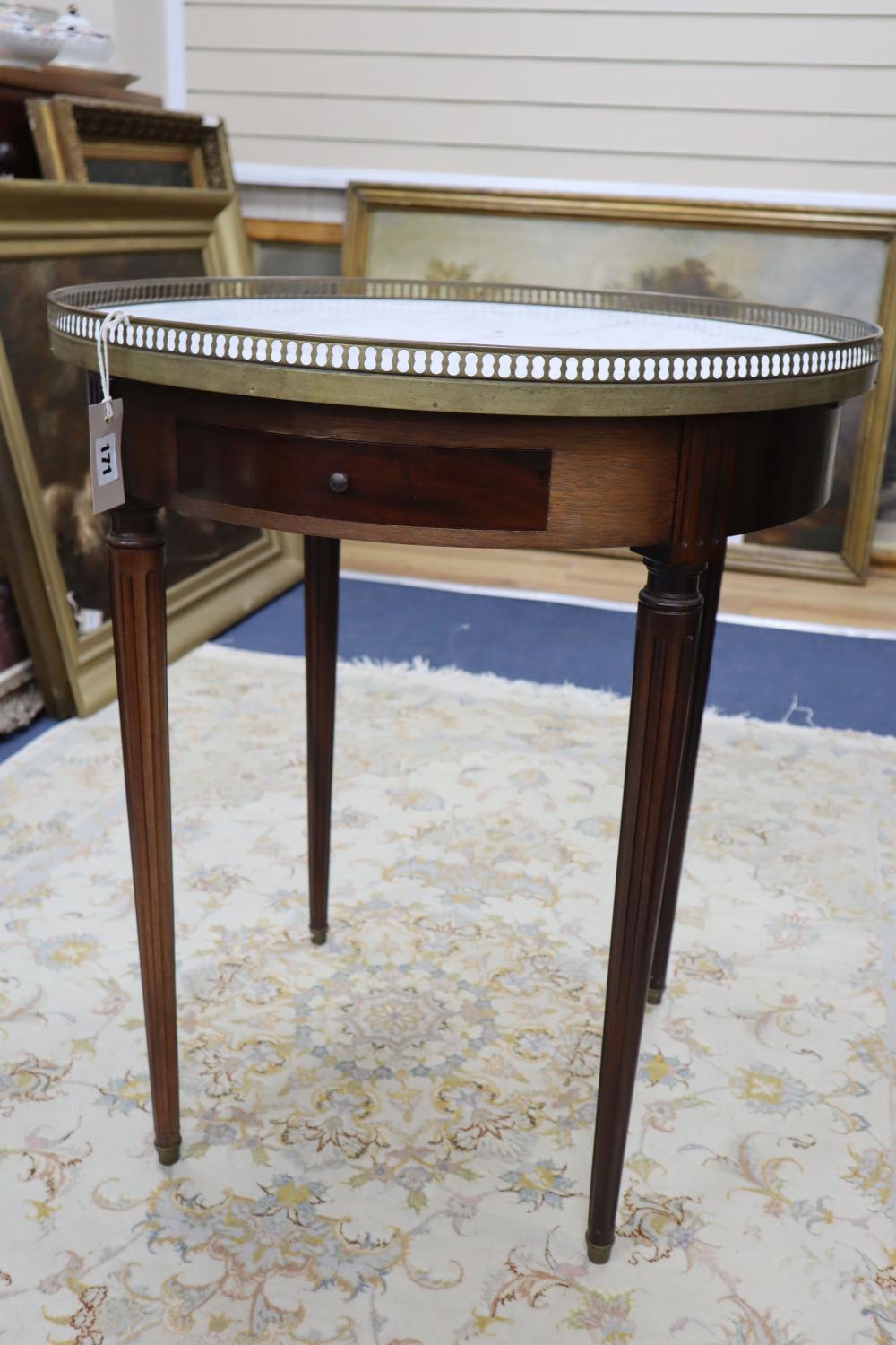 A pair of French style mahogany occasional tables with brass galleried marble tops, 65cm diameter, - Image 3 of 3