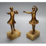 A pair of Art Deco gilt metal figures of young female dancers, on alabaster plinths, 25cm