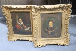 19th century German School, two oils on zinc, Portrait of a 17th century scholar reading a book